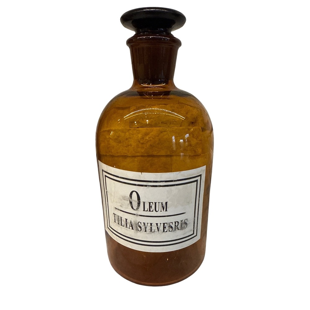 Vintage Apothecary Bottle‎ Amber Glass With Stopper Oil of Linden Tree 8"
